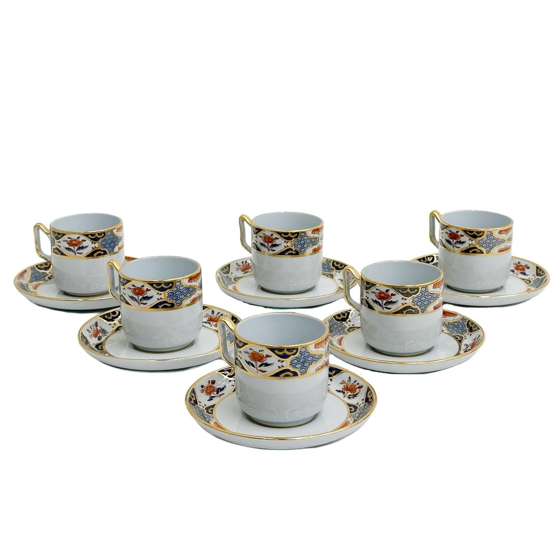 6 Spode England Porcelain Demitasse Cups in Shima: 6 Spode England Porcelain Demitasse Cups in Shima. Band of floral decoration to the edge, gilt accents. Underside marked Spode England Fine Stone Weight: Approx. 3 lbs Measurements: Approx. Cups: 3.12