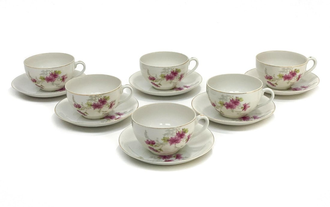 6 Yamaka Japan Porcelain Cup and Saucers: 6 Yamaka Japan Porcelain Cup and Saucers. Pink floral designs throughout. Yamaka Japan porcelain mark to the underside base. Weight Approx., 5 lbs Measures Approx., Cup: 4.5 inches x 3.625 inches diam