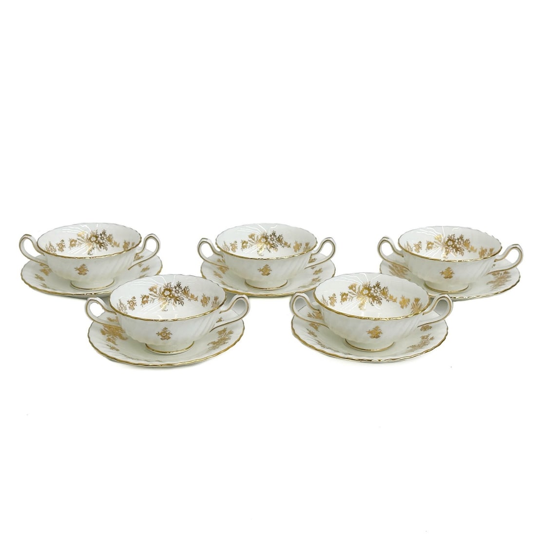 5 Minton England Gilt Porcelain Bouillon Bowls & Underplates H5017 1956 (1 of 6)