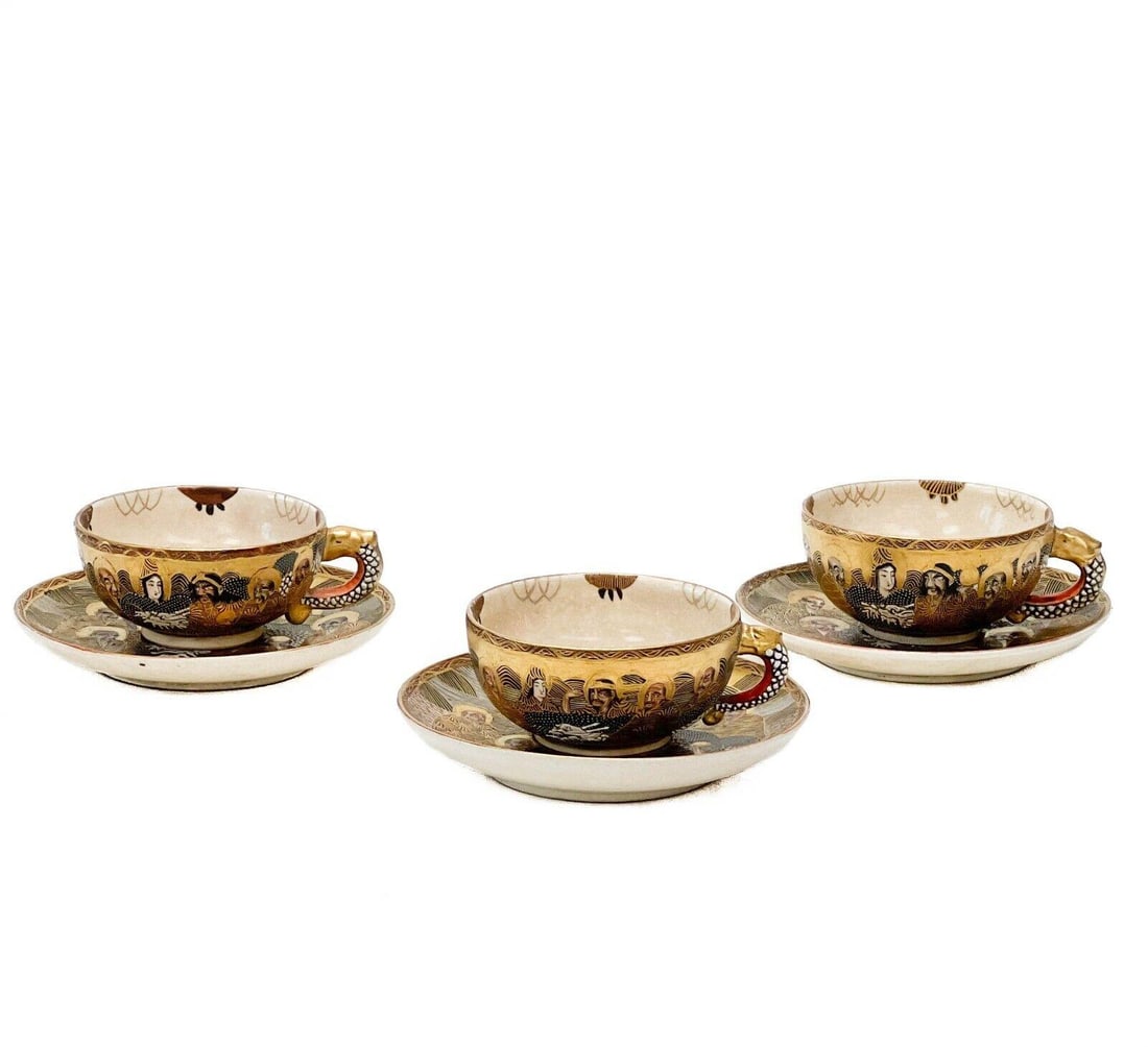 3 Japanese Hododa Gyokusen Satsuma Hand Painted Porcelain Cup & Saucers Meiji: 3 Japanese Hododa Gyokusen Satsuma hand painted porcelain cup & saucers, Meiji period. Vase with applied gilt handles, decorated with faces of elderly figures with halos, raised white enamel dragon. D