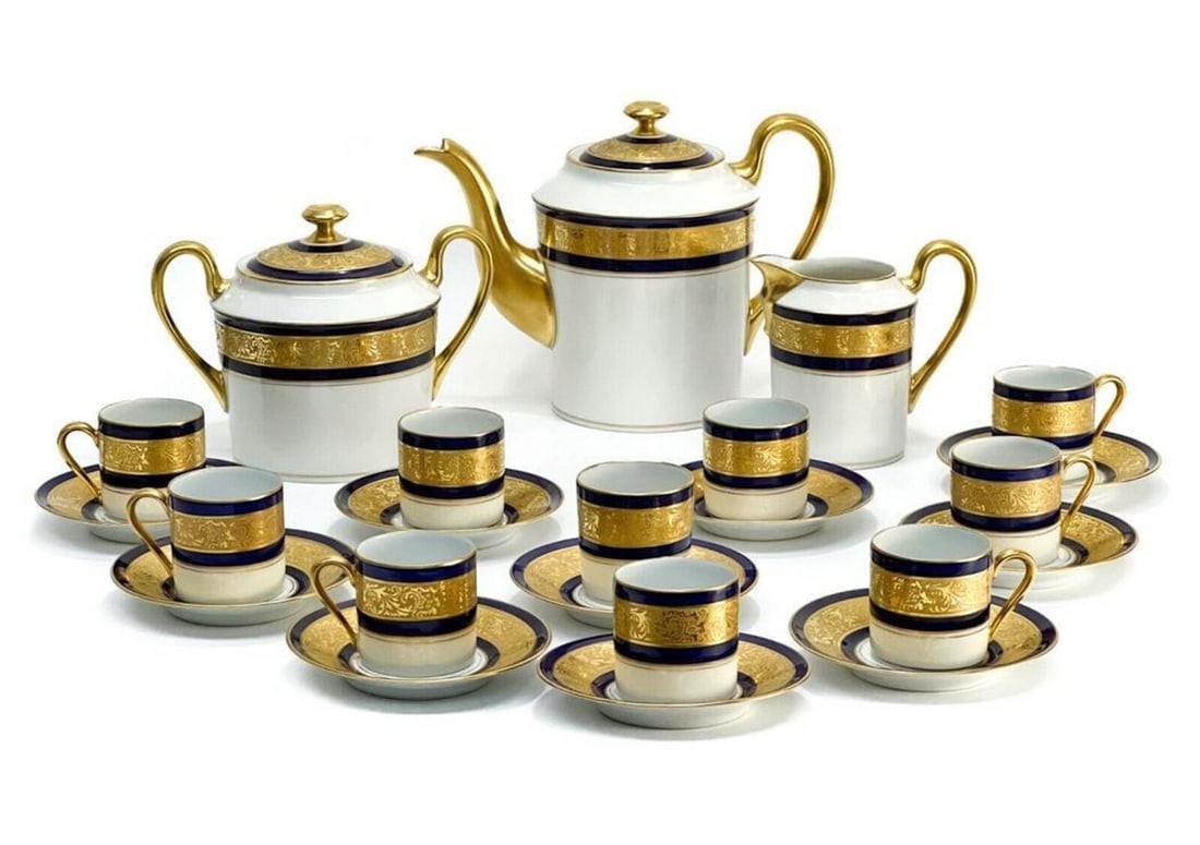 Limoges France Gilt Porcelain Tea Service Set for 10 in Incrustation (1 of 10)