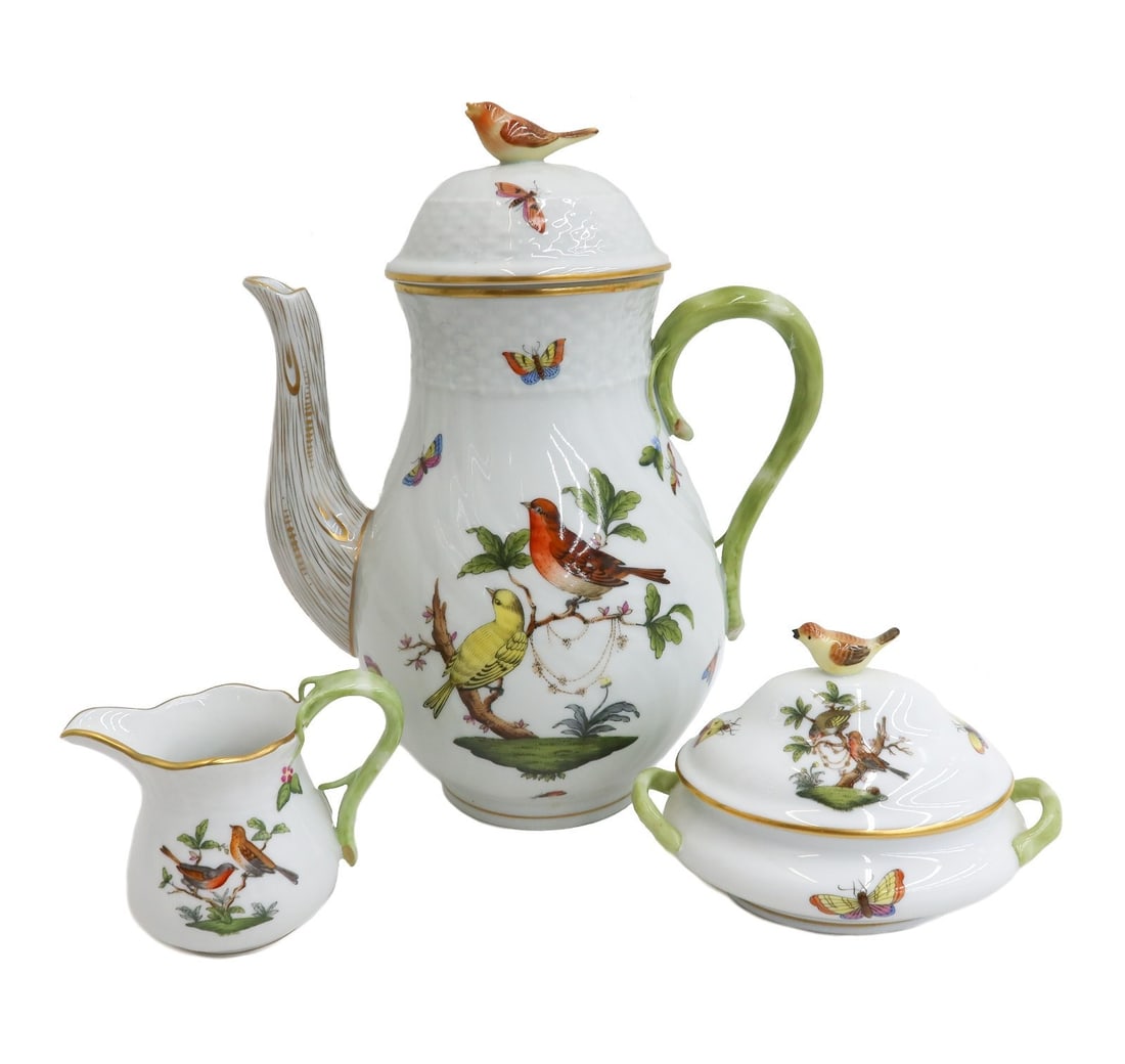 Herend Hungary Rothschild Birds Hand Painted Porcelain Coffee Set: Herend Hungary Rothschild Birds hand painted porcelain 3 piece coffee set. A white ground with hand painted scenes of birds in trees with insects with a basketweave texture and figural birds to finial