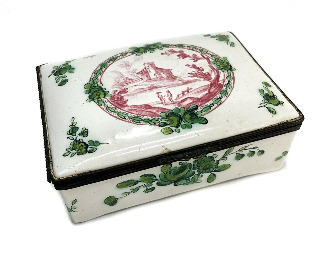Saxony Germany Hand Painted Porcelain Rectangular Dresser Box, circa 1900: Saxony Germany hand painted porcelain rectangular dresser box, circa 1900. Hand painted landscape seen to the center of the lid with green florals throughout. Marked S.X. to the underside base- possib