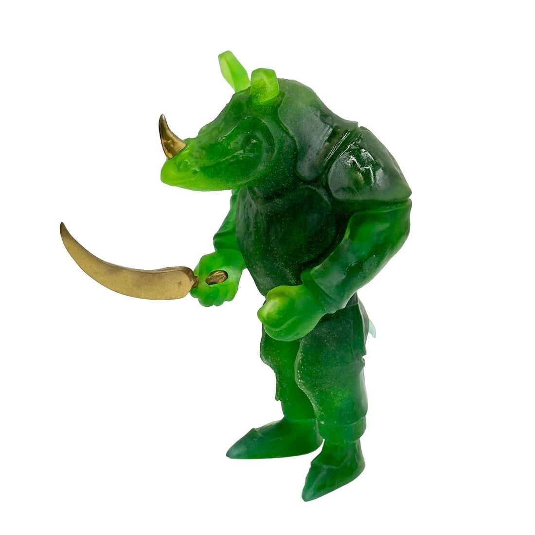 Daum France Art Glass Pate de Verre Sculpture Rhino Gilles Kerversau Ltd Ed/250: Daum Pate-de-Verre Art Glass Sculpture by Gilles de Kerversau. Depicts a green anthropomorphic rhinoceros warrior with gilt bronze horn and removable gilt bronze weapon in hand. Artist mark Kerversau 