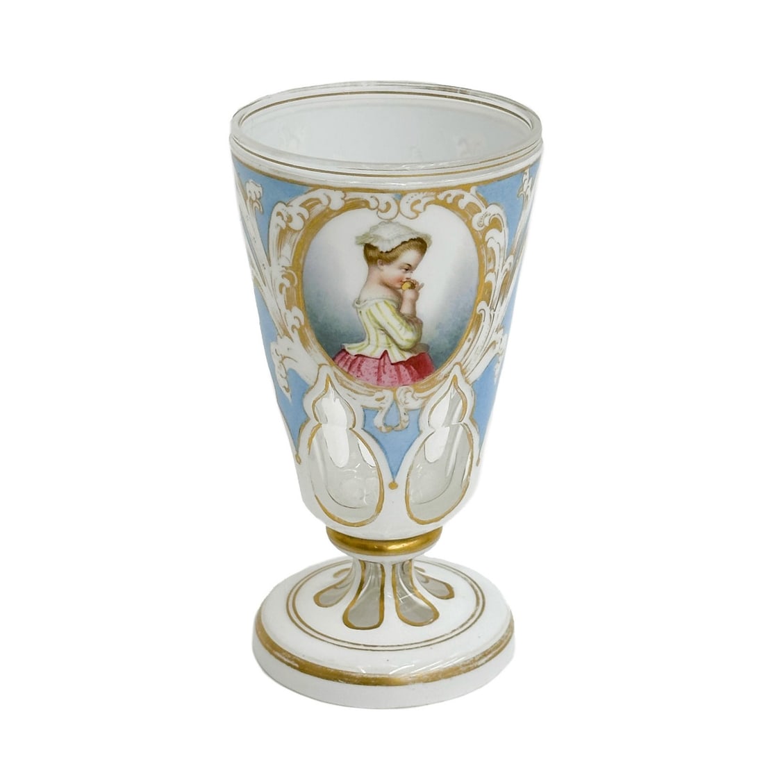 Bohemian Hand Painted Cut to Clear Goblet Portrait Vase 19th century: Bohemian Hand Painted Cut to Clear Goblet Portrait Vase, 19th century. A white ground with blue foliate decoration and gilt accents, hand painted portrait of a girl to the side. Gilt accents. Weight: 