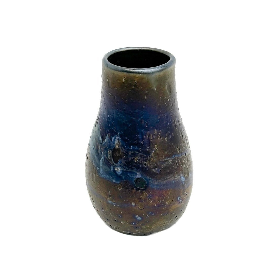 Charles Lotton Lava Cypriot Art Glass Vase Signed 1972: Charles Lotton Lava Cypriot Art Glass Vase. An iridescent blue textured ground, underside edge signed Lotton for Charles Lotton and dated 1972. Early Cypriot lava example. Weight: Approx. .5 lb Measur