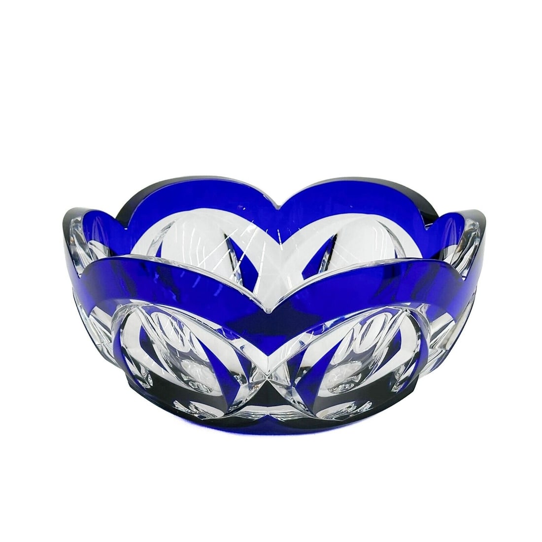 Baccarat France Cased 2-Layer Blue Cut to Clear Art Glass 10 inch Bowl Ltd Ed/5: Baccarat France Cased 2-layer Cobalt Blue Cut to Clear Art Glass Bowl. A scalloped rim, oval shaped cuts. Underside with Baccarat acid stamp to the underside, numbered out of a scarce limited edition 