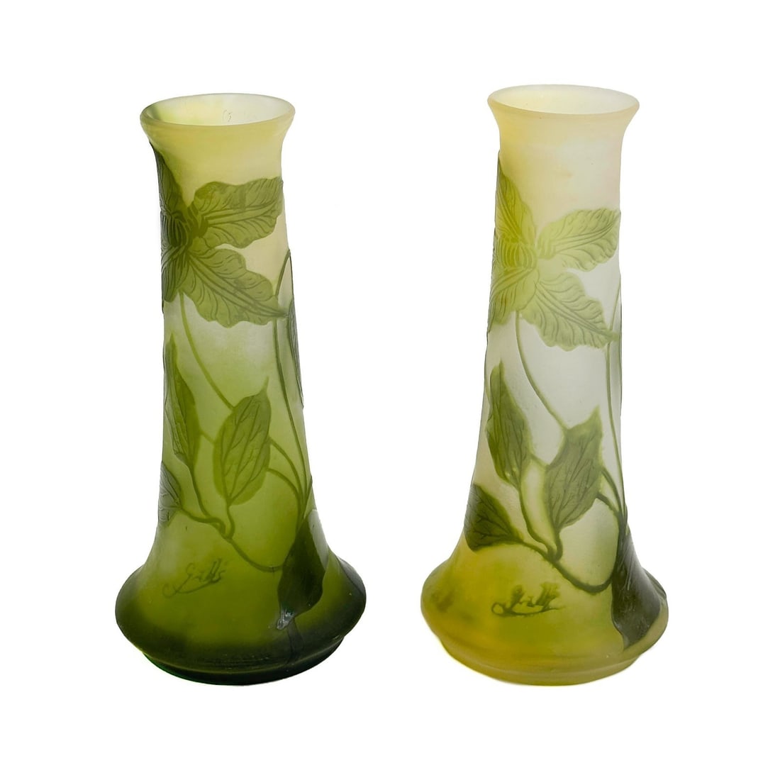 Pair Emile Galle France Acid Etched Cameo Art Glass Vases Clematis Florals c1900 (1 of 8)