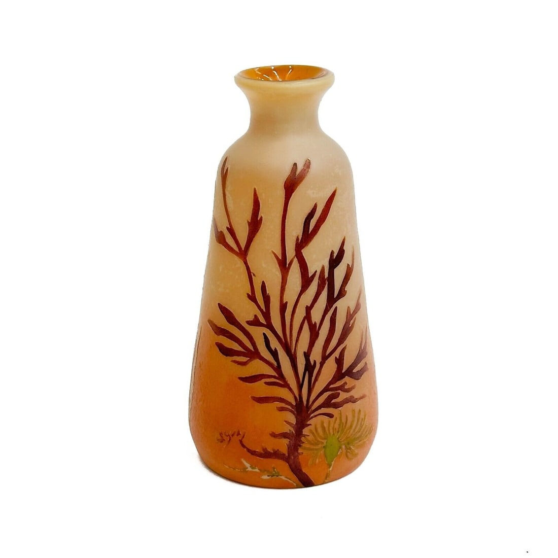 Legras France Acid Etched and Enameled 8 inch Art Glass Vase circa 1920: Legras France Acid Etched and Enameled Art Glass Vase, circa 1920. A white and orange ground decorated with florals. Signed Legras to the side. Approximate weight: 1 lb Measurements: Approx., 3.75 inc