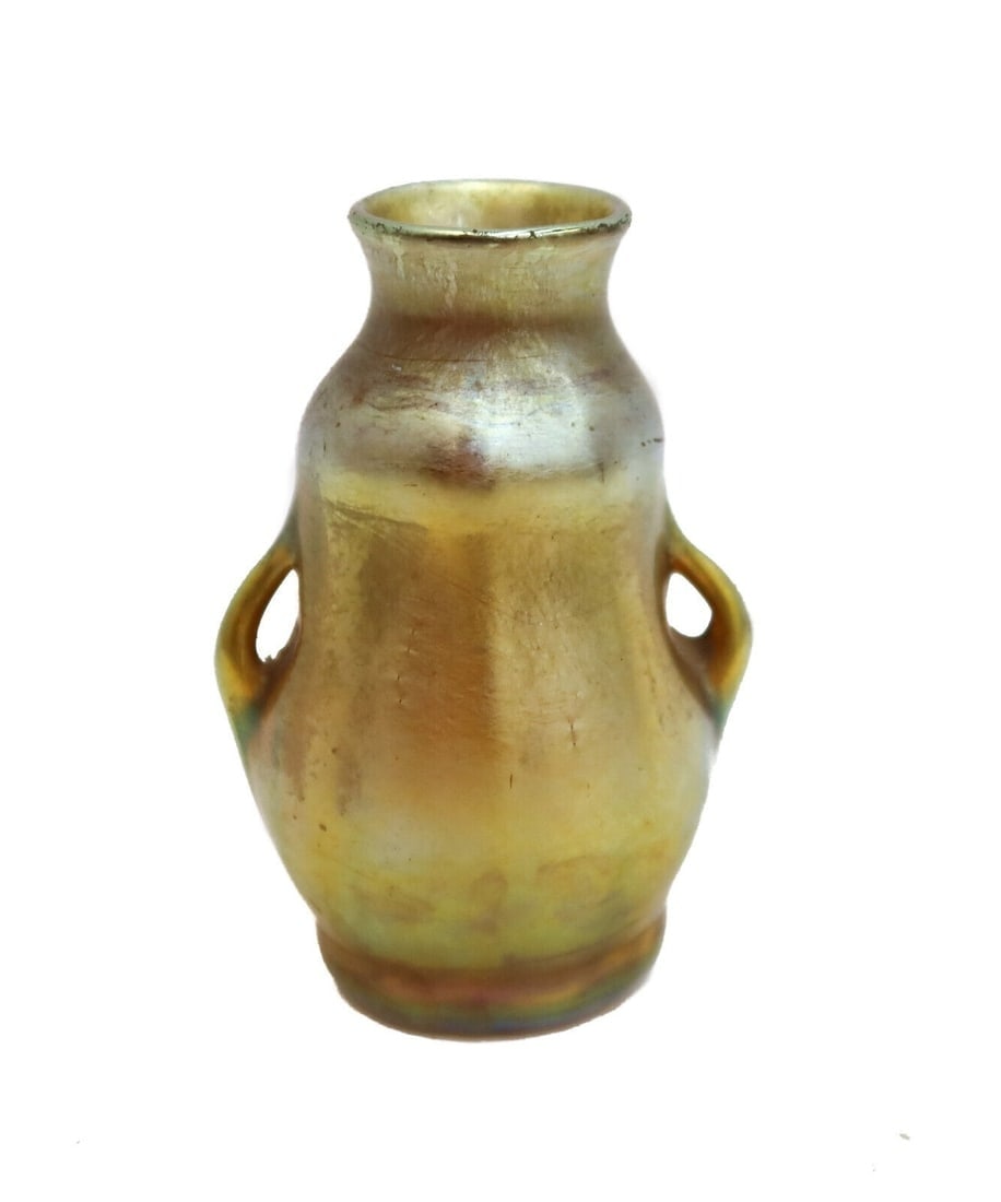 LCT Tiffany Art Glass Gold Favrile Miniature Twin Handled Vase #4942A circa 1900 (1 of 10)