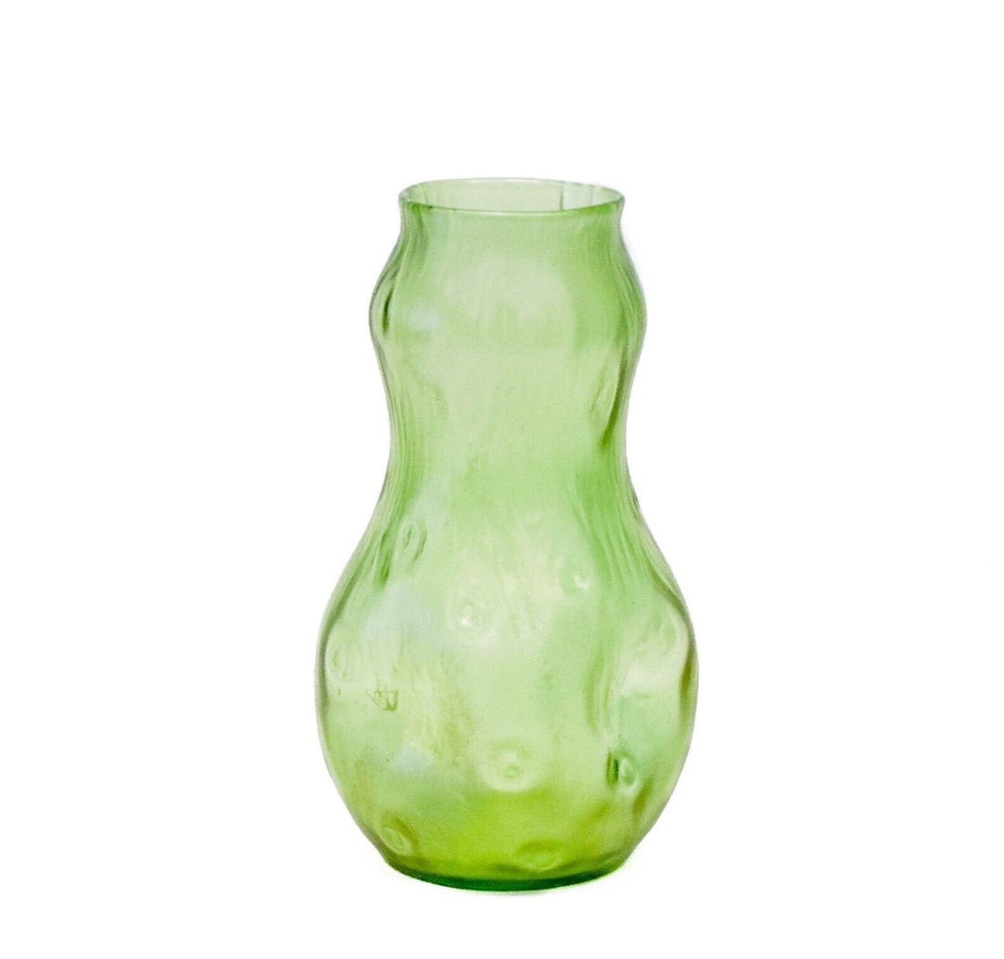 Loetz Style Green Iridescent Art Glass Vase Wood Design (1 of 6)