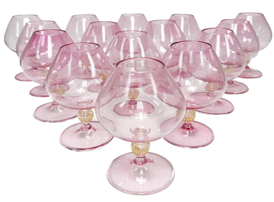 15 Cranberry Pink Glass 20 ounce Brandy Sniffers , Gold Fleck Stem: 15 Venetian cranberry pink glass 20 ounce brandy sniffers, c1940. Hand blown in 5 separate pieces. Gold fleck stems. Pontil underside. Circa 1960. Weight Approx., 6 lbs Measures Approx., 4.5 inches