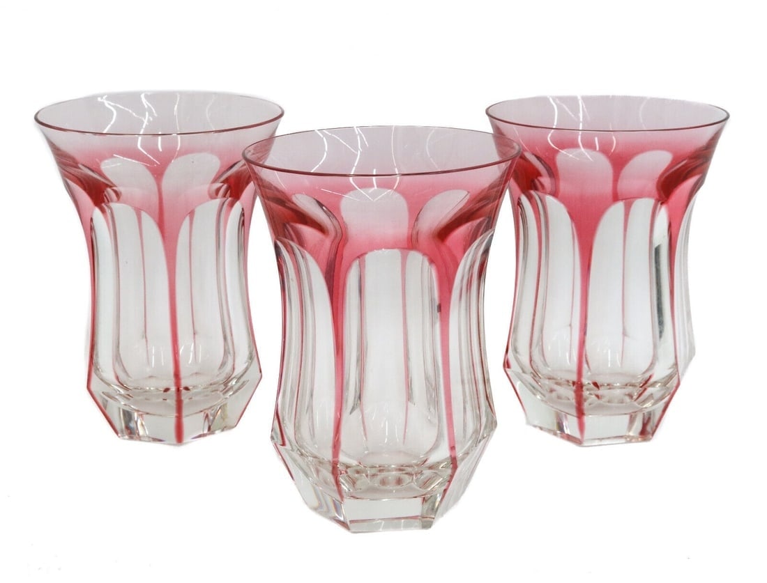 3 Moser Cranberry Red Cut to Clear Highball Goblets in Pope: 3 Moser cranberry red cut to clear Highball Goblets in Pope. Cranberry red cut to clear panels. Acid etched "Moser" mark to underside. Weight: Approx. 3 lbs Measurements: Approx. 3.625 inches