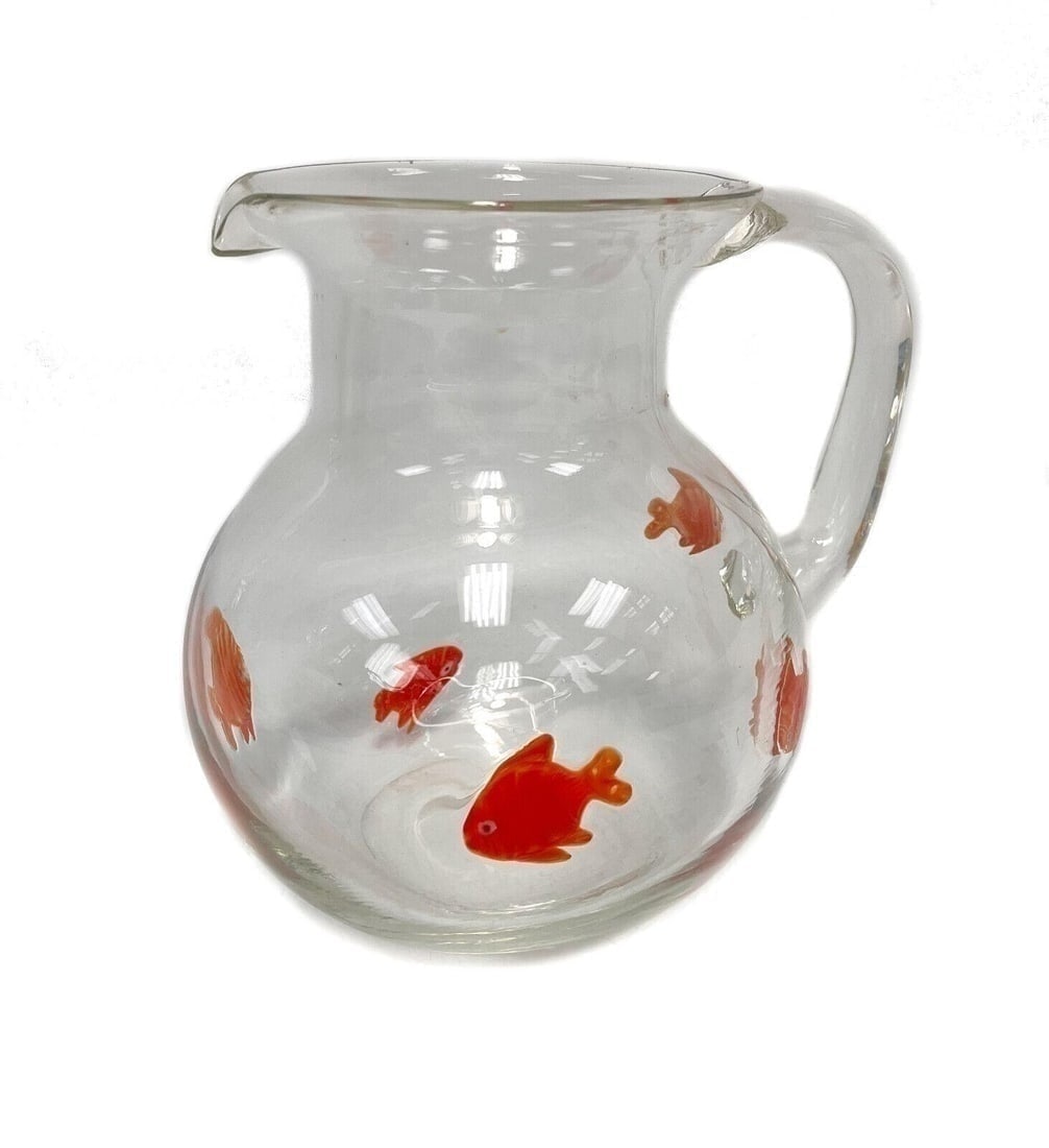 Murano Art Glass Cased Sunfish Water Pitcher, Polished Pontil: Murano art glass water pitcher. With applied cased orange sunfish throughout the exterior. Unmarked. Polished pontil to underside. Weight Approx., 1 lbs Measures Approx., 8.5 inches diameter x 8 inche