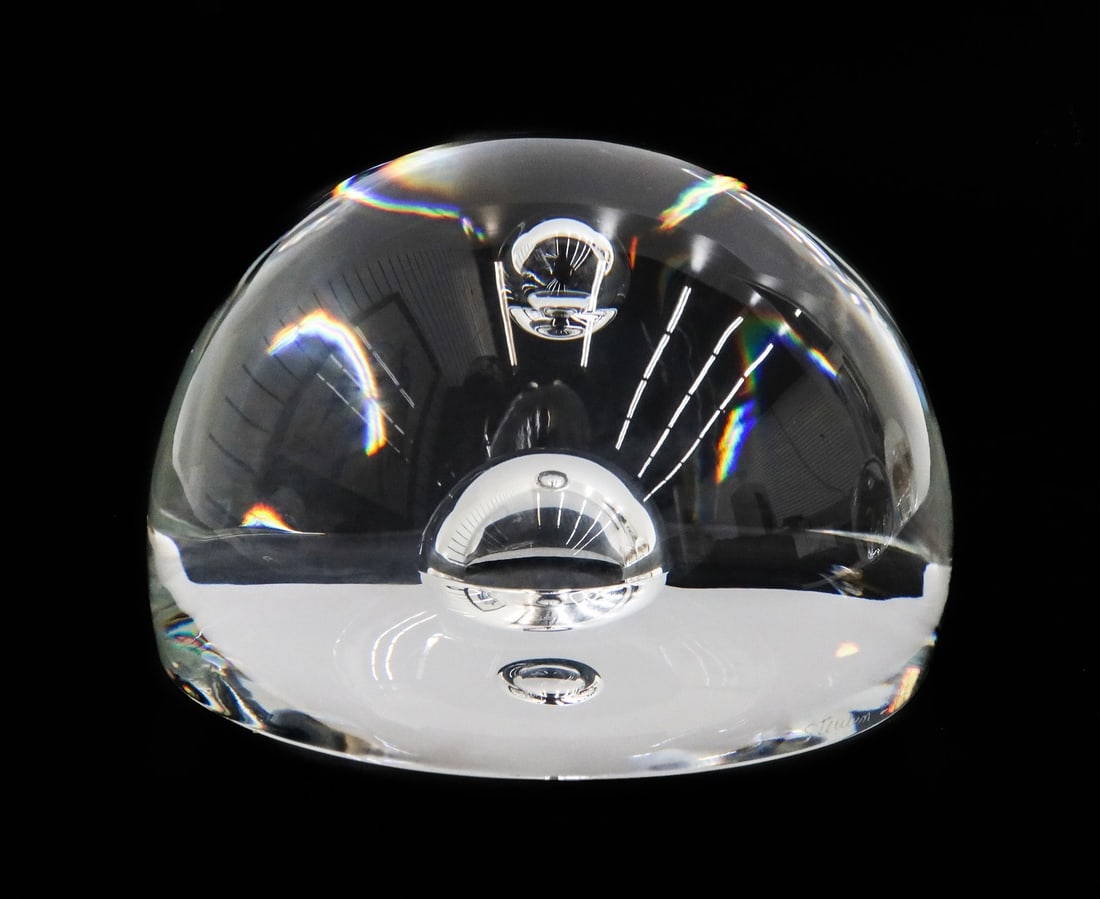 Steuben Art Glass Paperweight Sphere of Energy by Eric Hilton Ltd Ed 500 #1108: Steuben Art Glass Paperweight "Sphere of Energy" by Eric Hilton Ltd Ed 500 #1108, 1982. The sphere depicts two bubbles to the center. Marked Steuben to underside and is a limited edition 53/500. Weigh