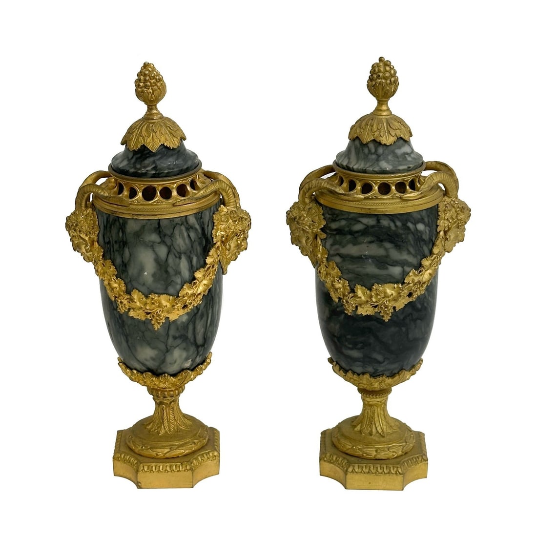 Pair French Verde Antico Marble & Gilt Bronze Mounted Lidded Urns 19th cen (1 of 15)