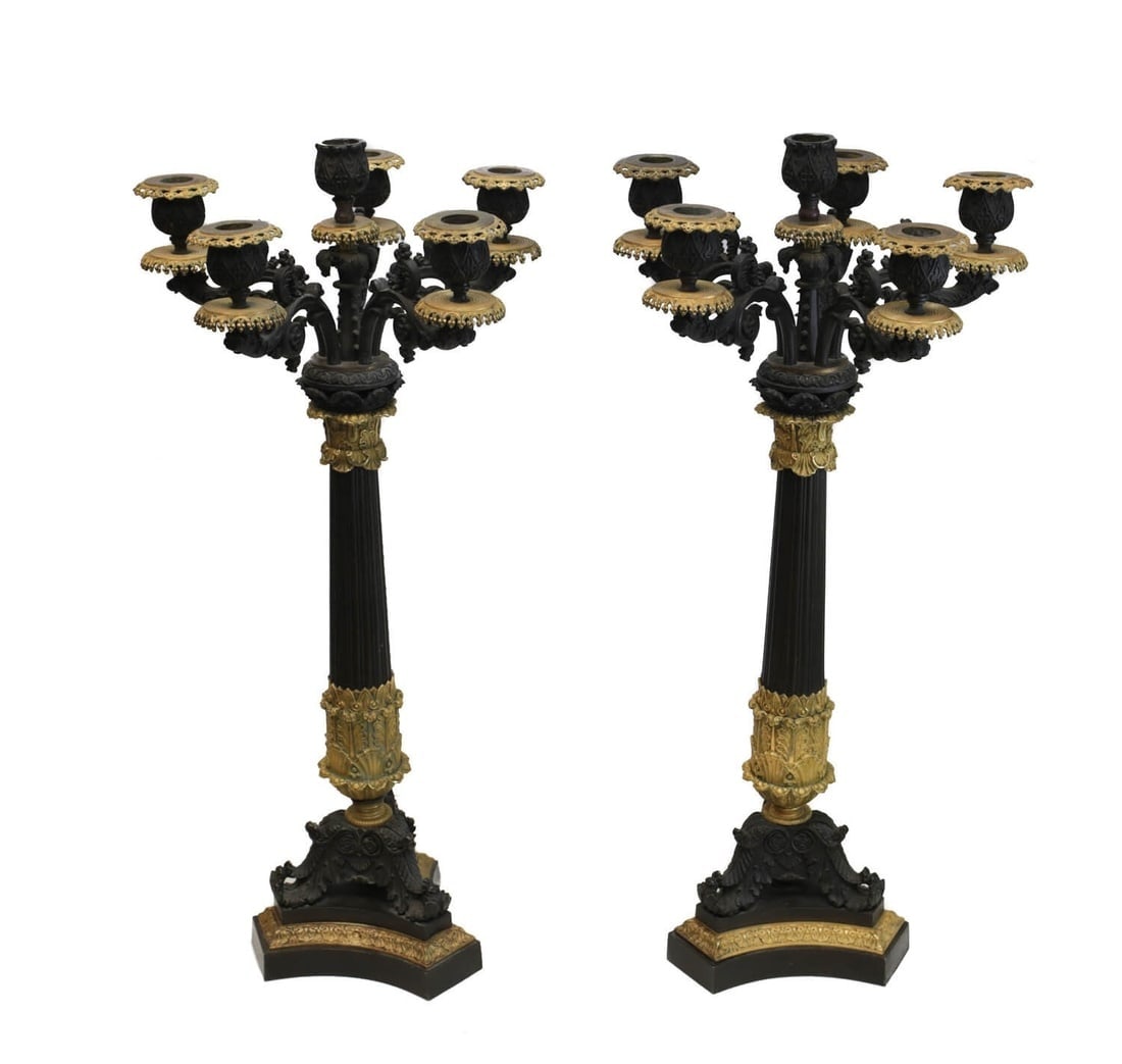 French Charles X Bronze 6 Light Candelabra, 19th C.: French Charles X gilt patinated bronze 6 light candelabra, 19th Century. Column stems with beautiful hand etched ornate foliate leaves throughout. Gilt bronze accents to the base, circular bands, an b