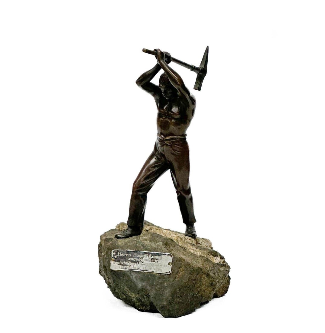 Herrn Rudolf Loers German Bronze & Stone Figural Sculpture Man Pickaxe (1 of 9)