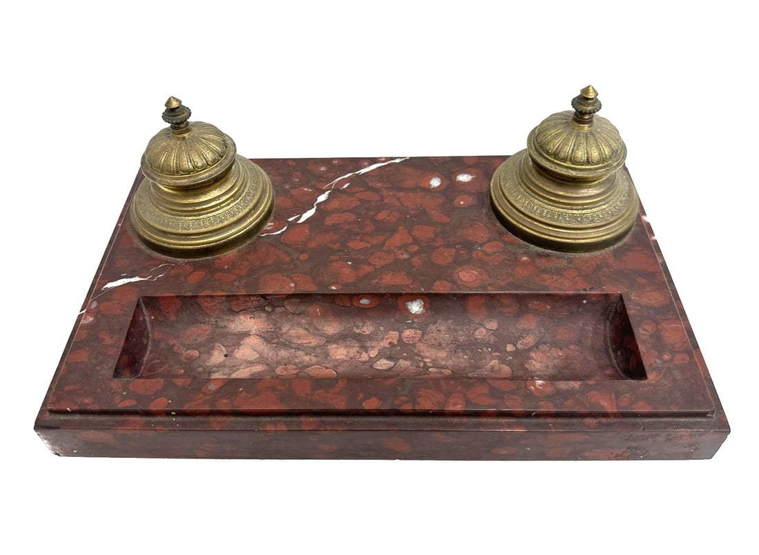 Continental Red Marble and Gilt Metal Twin Inkwell Pen Tray (1 of 9)