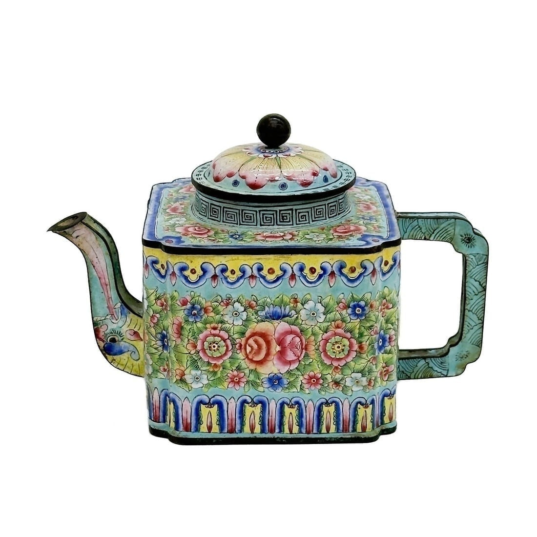 Chinese Enamel on Copper Hand Painted Teapot: Chinese Enamel on Copper Hand Painted Teapot, likely circa 1900. Square lidded teapot, a light blue ground decorated with pink roses. Metal mounts. Weight Approx., 0.5 lb Measures Approx., 6.25 inches