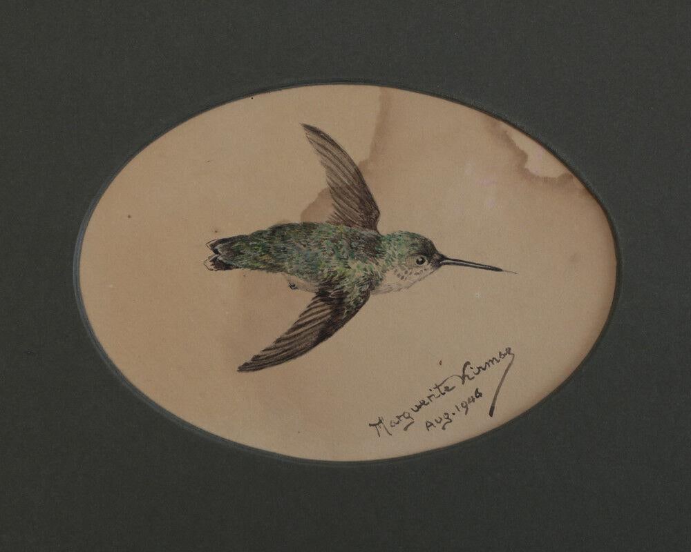 Marguerite Kirmse (American 1885-1954) Watercolor Bird Painting on Board, Signed: Marguerite Kirmse (American 1885-1954) hand painted water color on board bird painting. The painting depicts a bird in midst air. Signed to the lower right and dated to 1946. Matted in a green mat boa