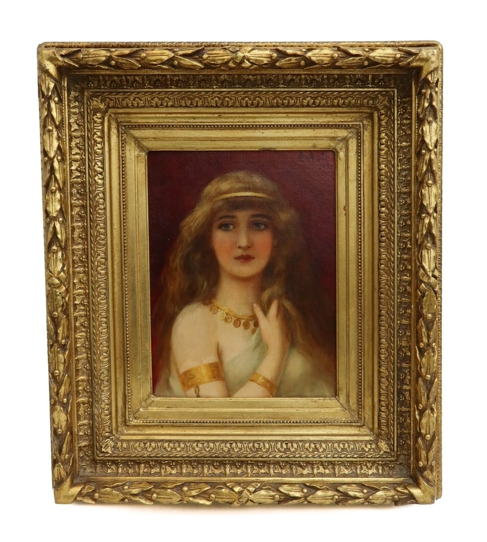 Angelo Asti (French/Italian 19th C) Oil on Canvas Painting of a Beauty 1900: Angelo Asti (French/Italian 19th C) Oil on Canvas Painting of a Beauty, 1900. The painting depicts a blonde beauty in robed garbs adorned in gold jewelry. Artist signed and dated to upper right corner