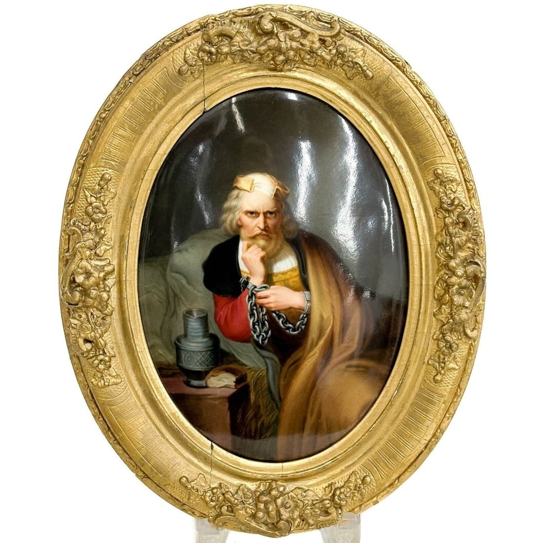 KPM Berlin Hand Painted Porcelain Plaque Framed Columbus in Chains Wappers: KPM Berlin Hand Painted Porcelain Plaque Framed, 19th century. Oval shaped frame depicting Columbus in Chains after the painting by Gustave Wappers. Mounted in an oval gilt wood frame. Back of plaque 