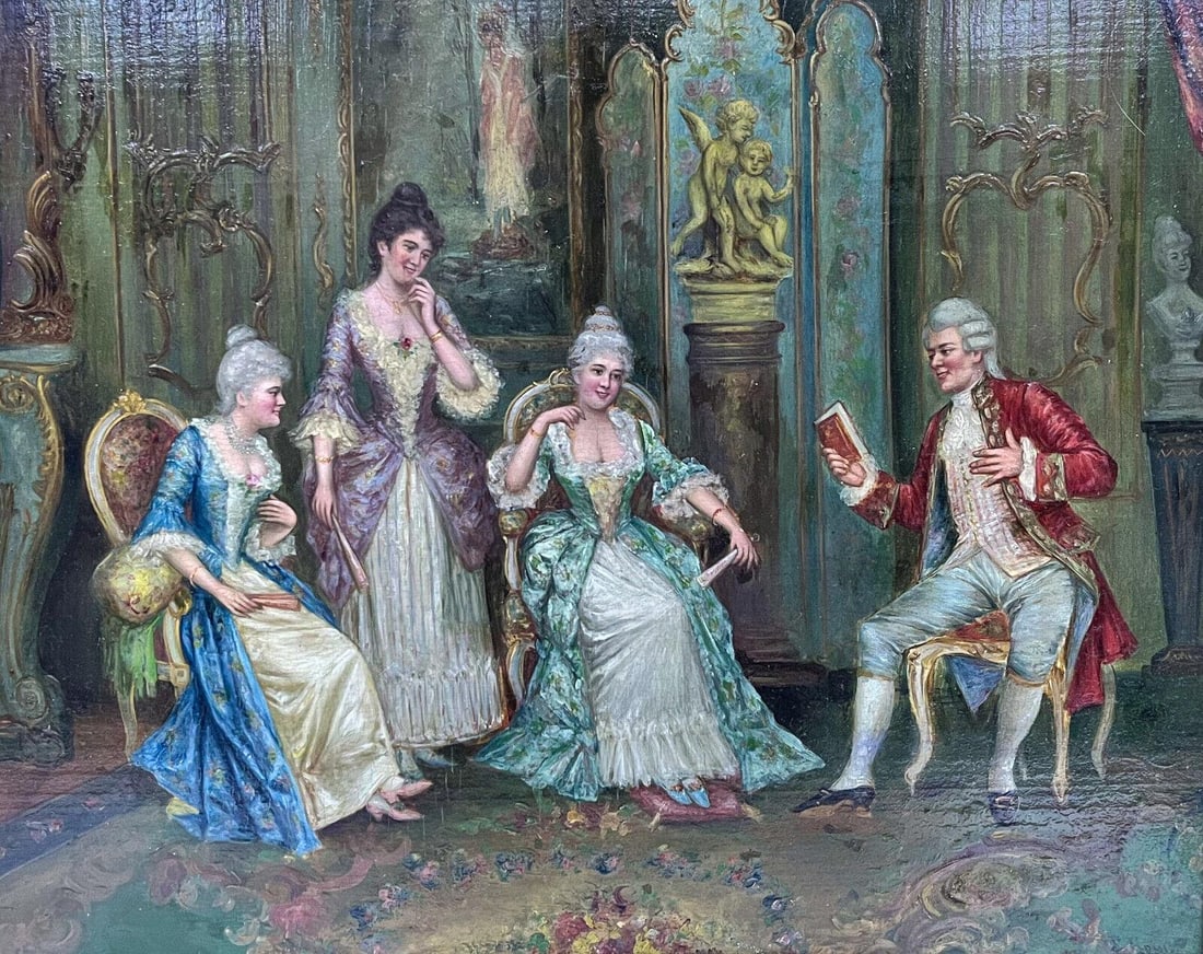 German 19th Century Oil Painting by F. Heinz, Baroque Era Figures: German 19th Century oil on panel painting by F. Heinz. The Baroque era style painting depicts a salon between man entertaining 3 ladies by reading a book. Artist signed "F. Heinz" to lower right. In a