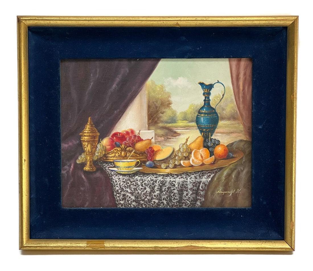 Johan K Reinprecht (Hungary 20th Century) Oil on Board Portrait Fruit Still Life: Johan K Reinprecht (Hungary 20th Century) oil on board Portrait Fruit Still Life. The portrait depicts a table of various fruit with ornate gilt drinkware. Signed to the lower right. In a gilt wood fr