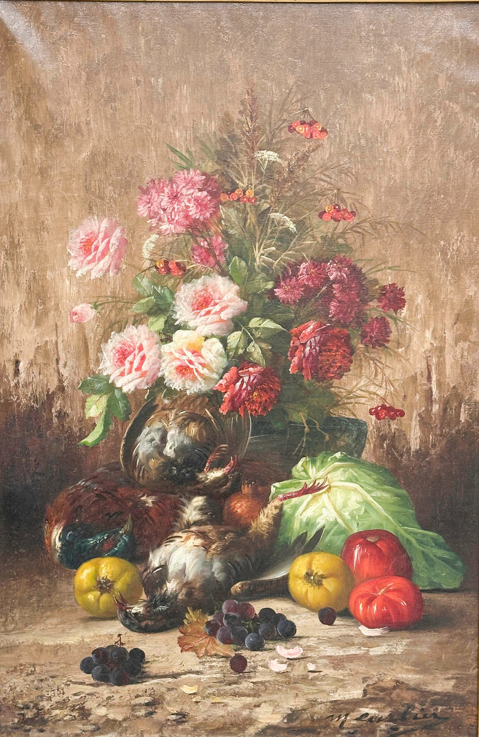 Max Carlier (Belgian, 1872-1938) Still Life Painting Oil On Canvas Framed: Max Carlier (Belgian, 1872-1938) Still Life Painting Oil On Canvas Framed. Still life featuring flowers, game birds, and vegetables. Artist signed "M Carlier" to the lower right corner. Mounted in an 