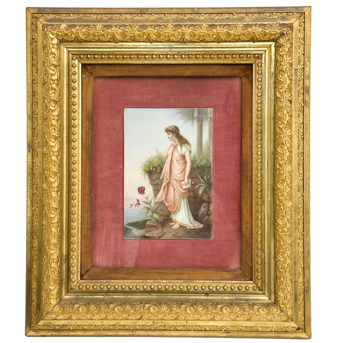 KPM Hand Painted Porcelain Portrait Plaque Sapho Framed 19th century: KPM Berlin hand painted porcelain plaque, 19th century. Depicts a young woman by a water's edge, plaque with raised gold embellishments. Back with impressed KPM marks, marked "Sapho." Mounted in a per