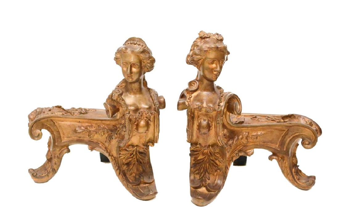 Pair of Continental Gilt Bronze Chenets Figural Women (1 of 3)