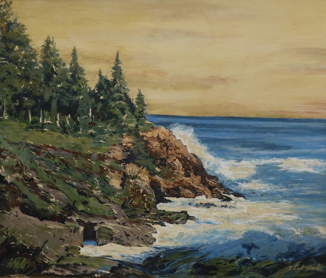 Robert William Wood Oil on Canvas California Shore Painting: Robert Wood (19th-20th Century) Oil on Canvas painting by the California artist. The painting depicts a cliff sea shore along the california coast. Signed Robert Wood to lower corner. In gilt frame. T
