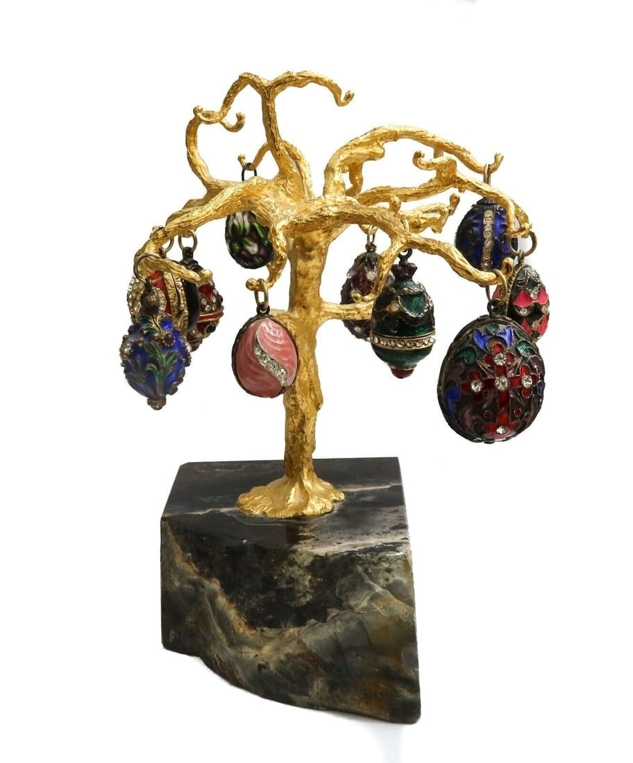 Royal Worcester England Blue Scale Hand Painted and Gilt Floral Bowl circa 1770: Faberge egg style miniature tree, 20th century. Comprising of 10 eggs in various colored guilloche enamel, with clear glass encrusted jewels- half of the eggs encrusted with cabochon pink tourmaline. 