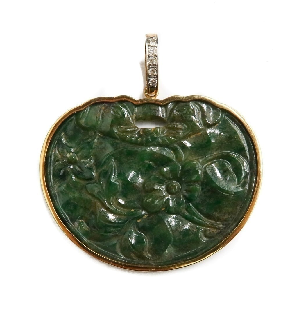 14k Yellow Gold Natural Carved Jade and Diamond Necklace Pendant: 14k Yellow Gold Natural Carved Jade and Diamond Necklace Pendant. Natural Carved Jadeite with floral designs to one side and a tennis racket and ball with elephants to the other side. 4 brilliant roun
