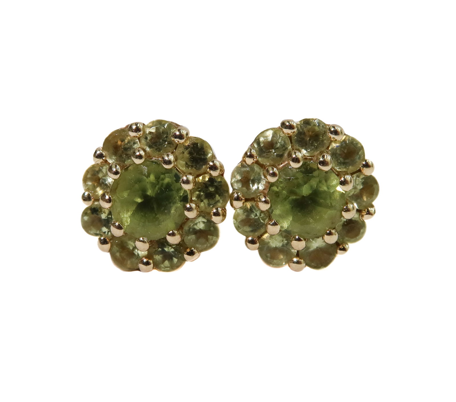 Gump's 14k Yellow Gold and Peridot Floret Earrings: Gump's 14k Yellow Gold and Peridot Floret Earrings. Peridots weighing approximately 1.15 carats. Gump's 14k mark to backing. Weight Approx., 2.17 grams Measures Approx., 0.4mm x 0.5 mm Domestic Shippi