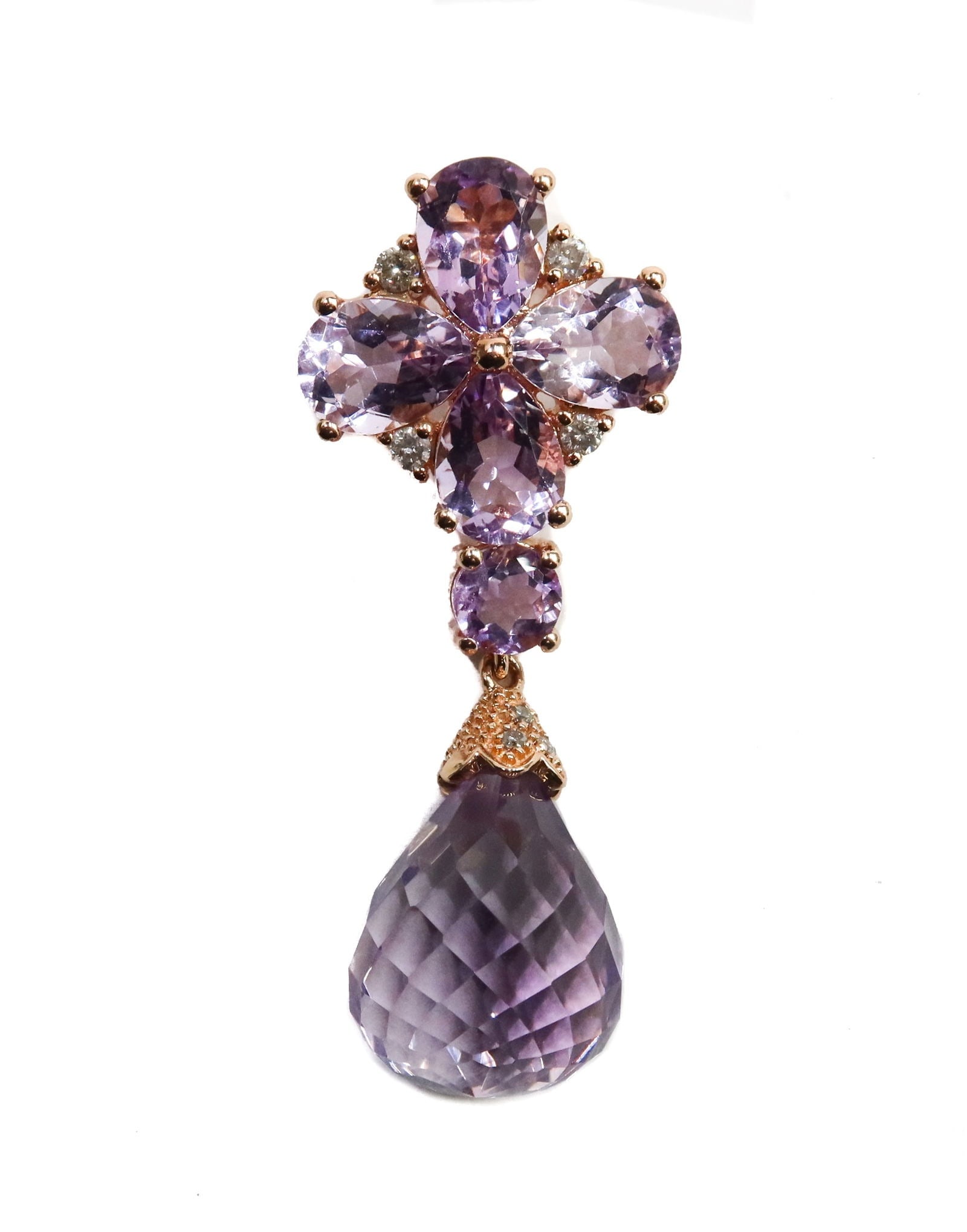 14k Rose Gold Amethyst and Diamond Floral Drop Necklace Pendant Enhancer: 14k Rose Gold Amethyst and Diamond Floral Drop Necklace Pendant Enhancer. Floral design to upper dangle with a teardrop bottom dangle. 7 round cut diamonds weighing approximately 0.16 carats. Marked 1