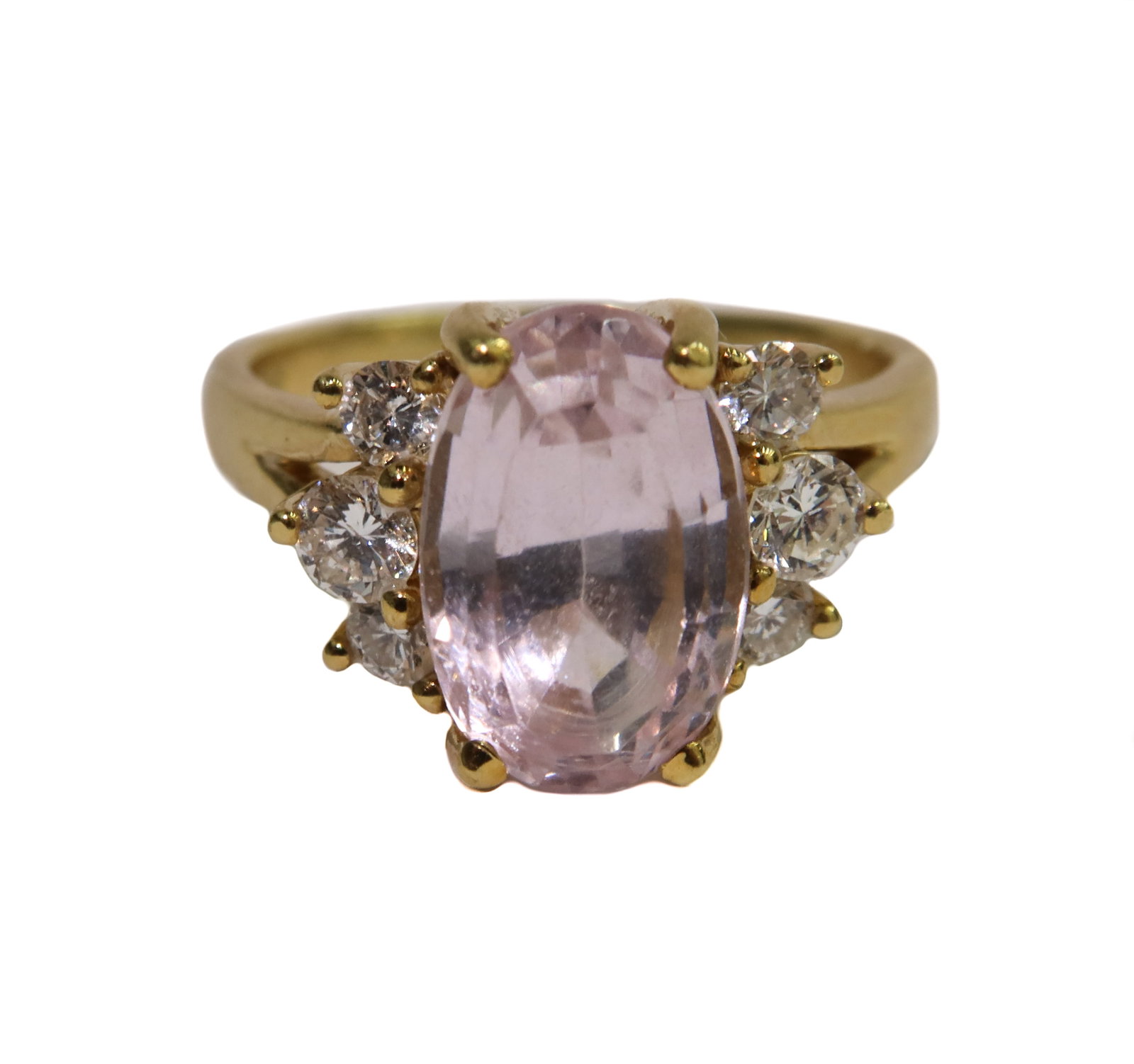 18k Yellow Gold Pink Tourmaline and Diamond Ring Size 8.5: 18k Yellow Gold Pink Tourmaline and Diamond Ring Size 8.5. Oval cut pink tourmaline measuring 12.10mm x 7.86mm x 6.26mm and weighing around 3.74 carats. 6 round cut diamonds to frame weighing approxim