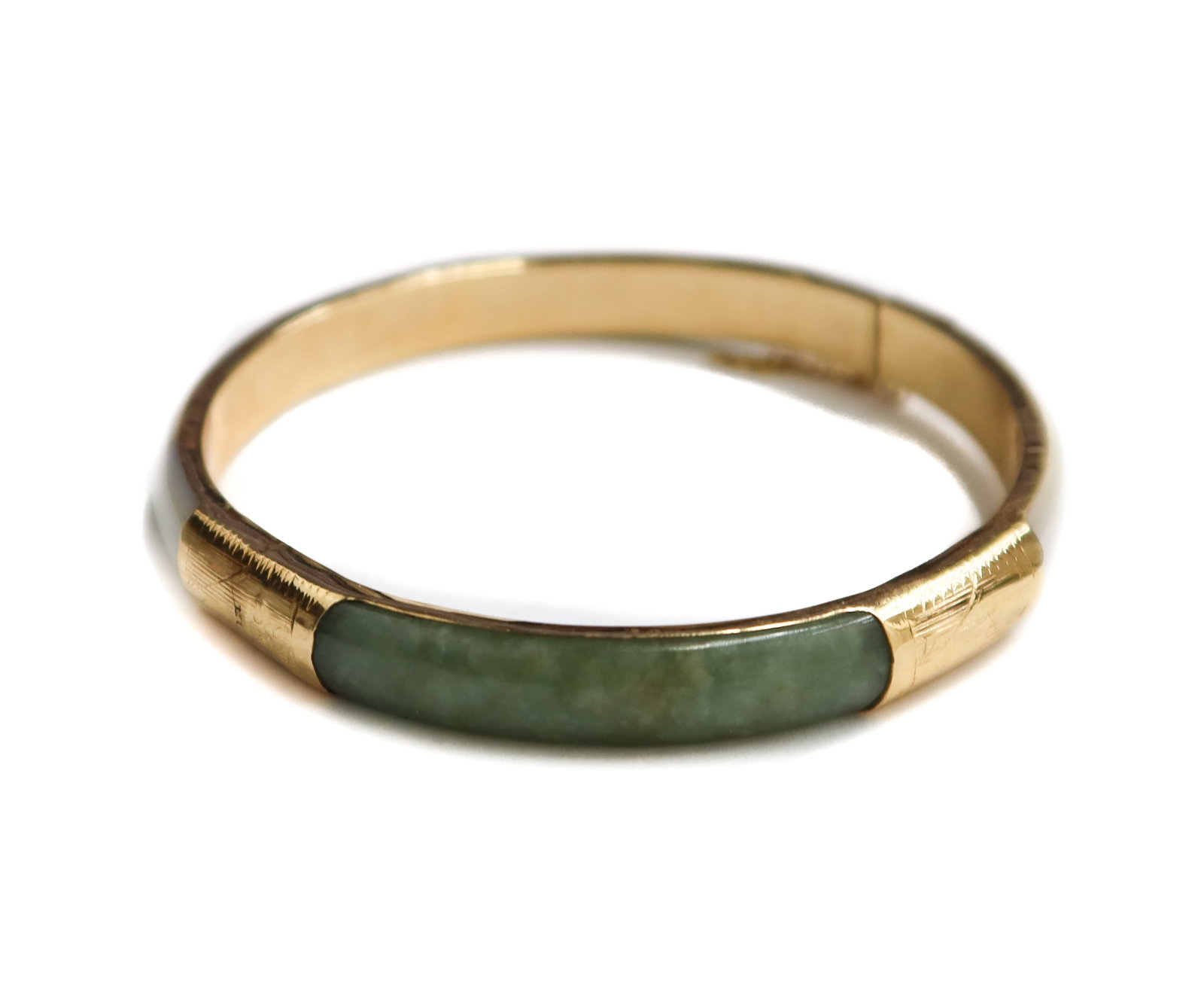 14k Yellow Gold Green and White Jade Bangle Bracelet (1 of 10)