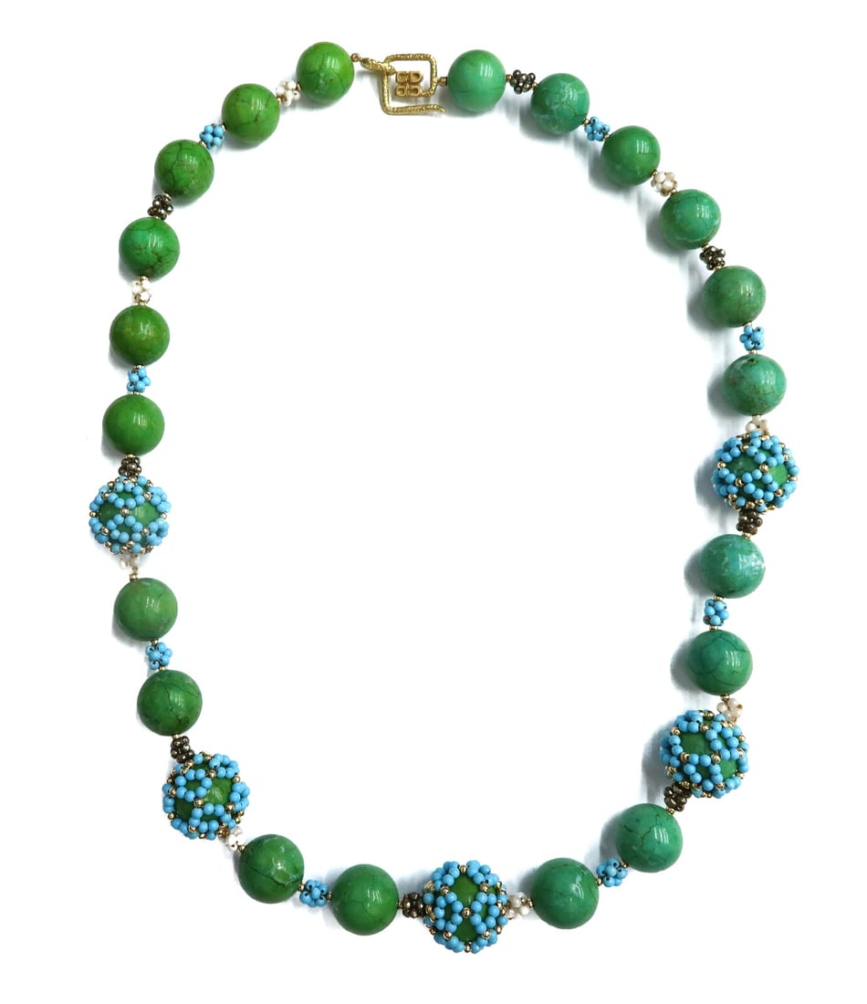 Chris Davies 18k Yellow Gold Green Hard Stone Turquoise Pyrite MOP Necklace: Chris Davies 18k yellow multi-stone single strand necklace. Multi-colored light green to light blue/green hardstone with turquoise bead overlay, faceted pyrite and mother of pearl beads. Gold clasp te