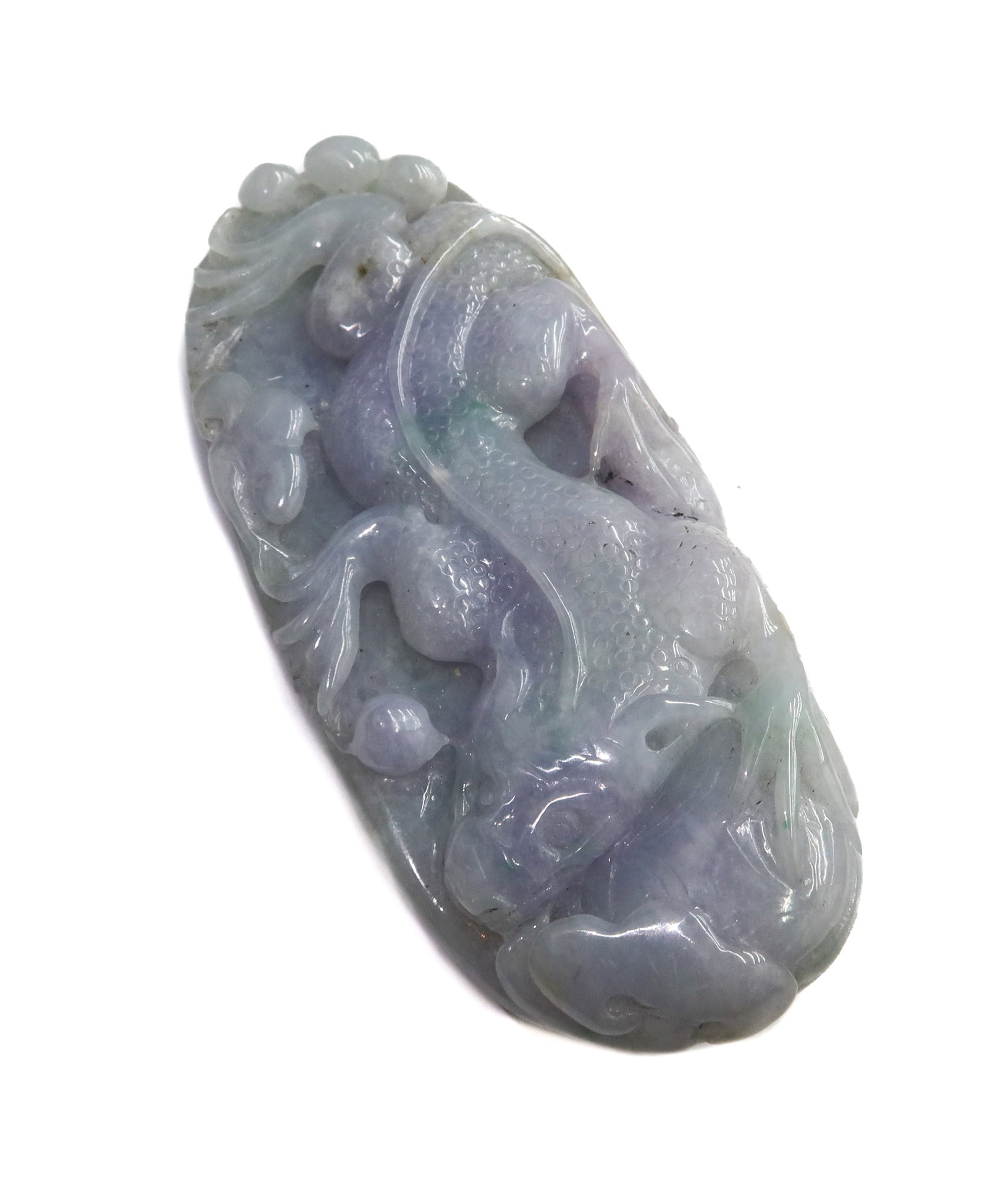 Chinese Carved Dragon Green Lavender Jade Gemstone: Chinese Carved Dragon Green Lavender Jade Gemstone. Weight Approx., 151.88 grams Measures Approx., 3.75 inches x 1.6 inches x 0.75 inches Domestic Shipping:$25