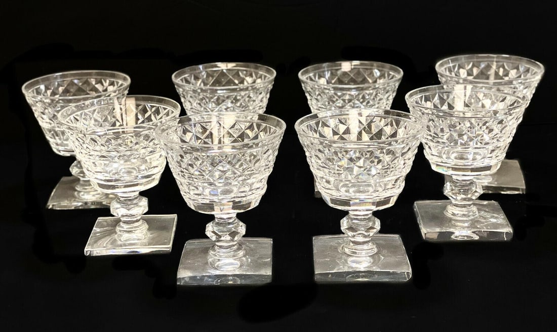 8 Hawkes Cut Glass Low Sherbet Goblets in Marquise of Waterford, Square Base: 8 Hawkes cut glass low sherbet goblets in Marquise of Waterford, Square Base. Marked Hawkes to the base. Weight: Approx. 2 lbs Measurements: Approx. 3.5 inches diameter x 4.125 inches Domestic Shippin