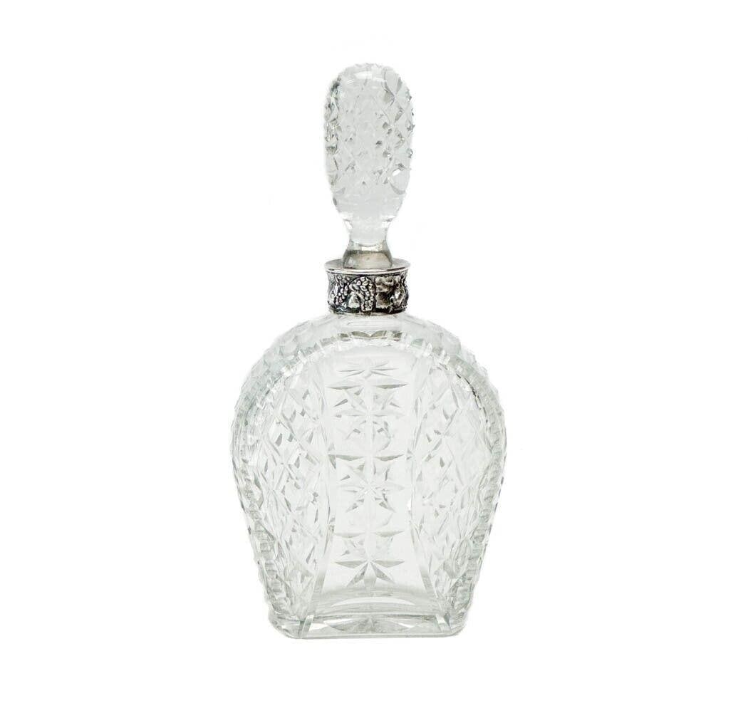 Portugese Silver Mounted Glass Decanter circa 1920 Silver Grapevine: Portugese Silver mounted glass decanter, circa 1920. Diamond and star patterns to the body and stopper, a star foot. Mount to the mouth with a raised grapevine decoration, marked Portugal, tests for s