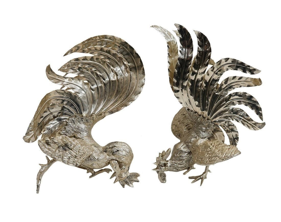 Pair Silverplate Fighting Rooster Figures 20th Century (1 of 10)