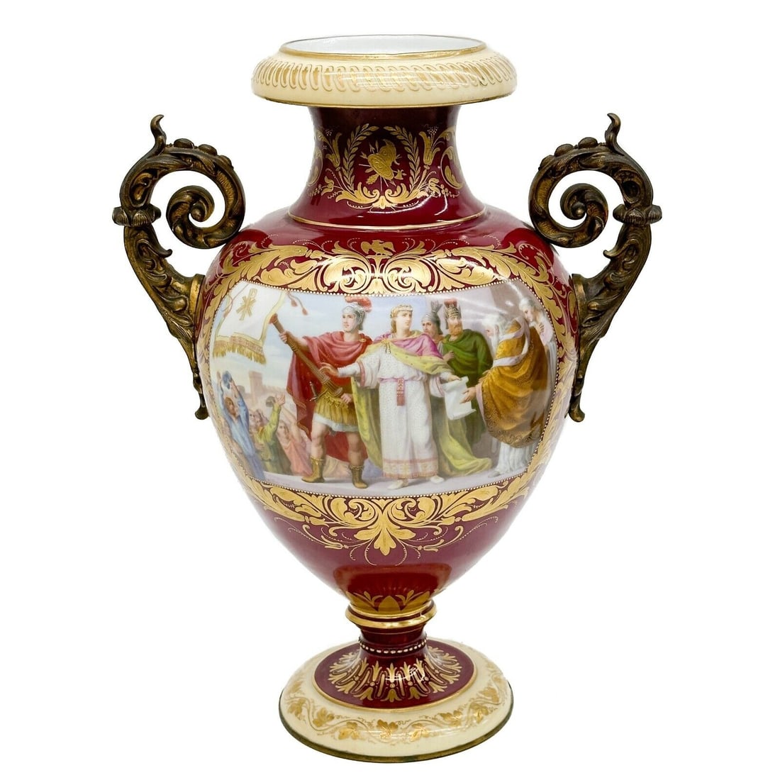 Royal Vienna Austria Painted Porcelain Gilt Bronze Mounted Urn Constantine c1910: Royal Vienna Austria Hand Painted Porcelain Gilt Bronze Mounted Urn Constantine, circa 1910. A red ground with gilt accents, hand painted classical scene to the center depicting Constantine. Artist si