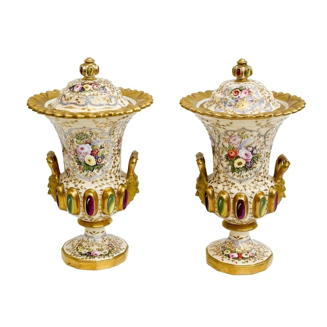 Pair Spode England Hand Painted Covered Porcelain Vases Faux Jewels 4775 c1810 (1 of 8)