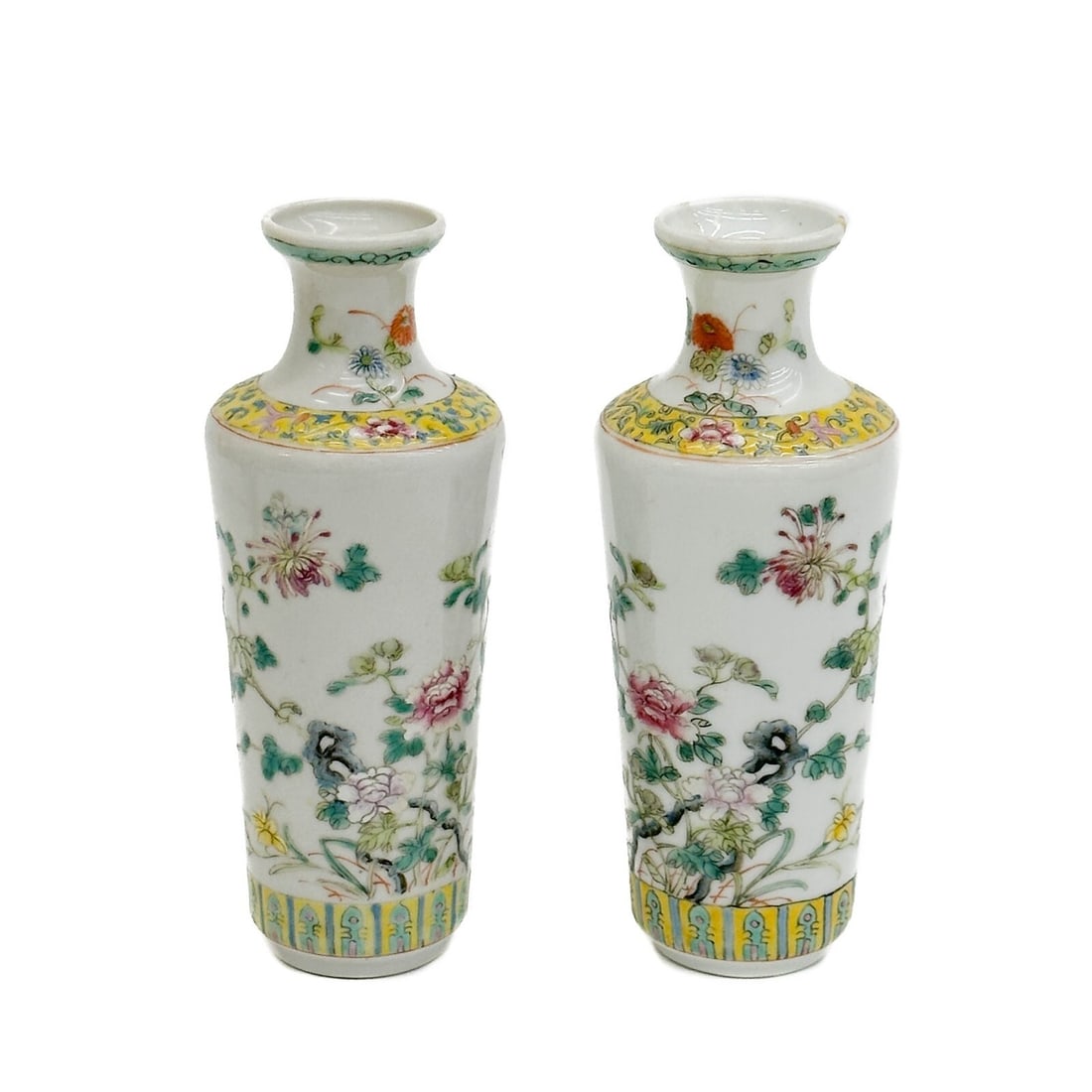 Pair Chinese Enameled Porcelain Miniature Vases Great Qing Qianlong reignmarks: Pair Chinese Enameled Porcelain Miniature Vases, 19th/20th century. Florals to the body. Underside with Chinese maker's marks. Great Qing Qianlong Period reign marks Weight: Approx. .5 lb Measurements