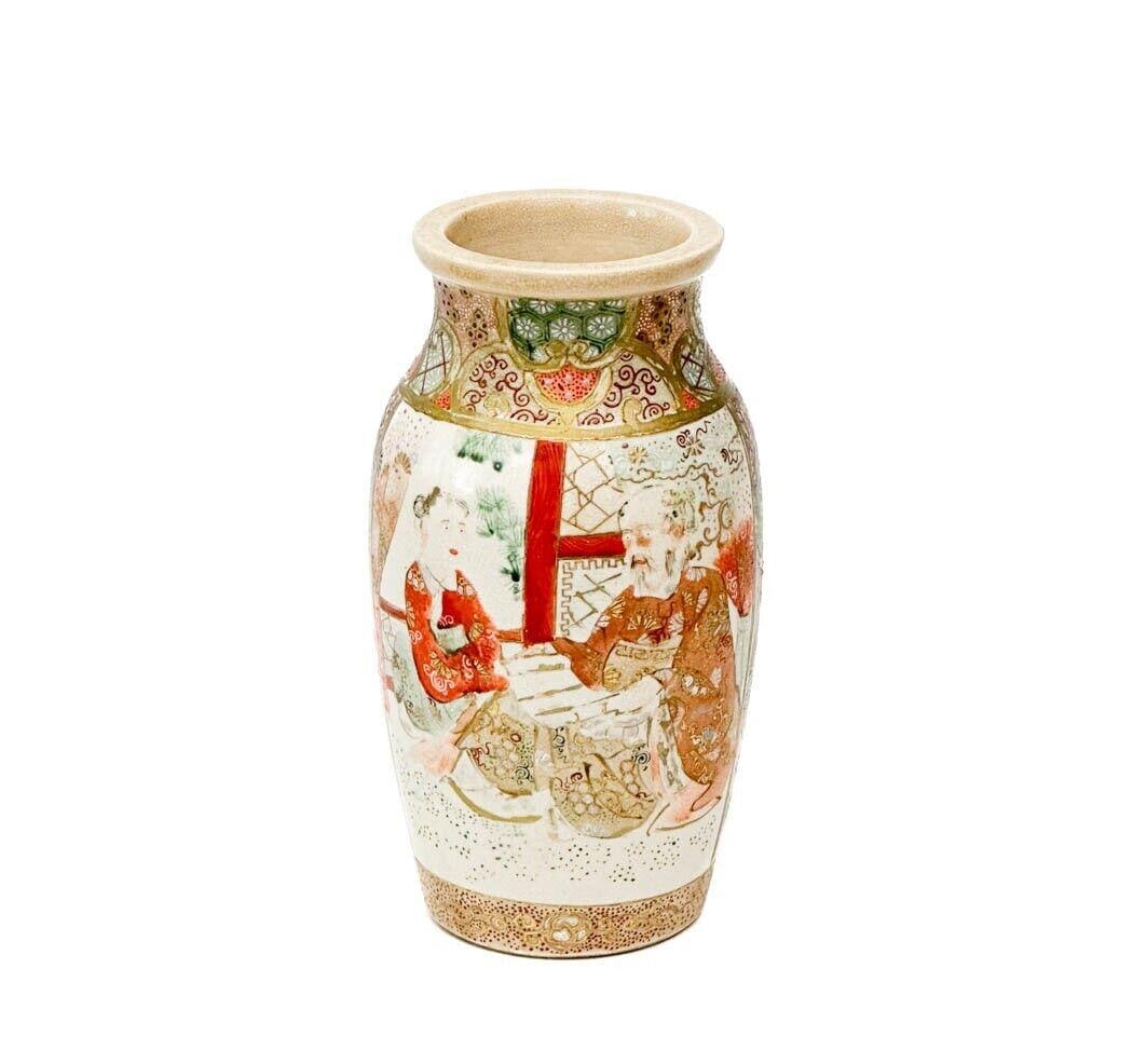Japanese Satsuma Hand Painted Gilt & Enamel Porcelain Vase Taisho Period: Japanese Satsuma Hand Painted Porcelain Vase, Taisho period. Raised gilt designs to the edges, raised enamel accents. Hand painted scenes to the sides of the vase, depicting figures. Apparently unmark