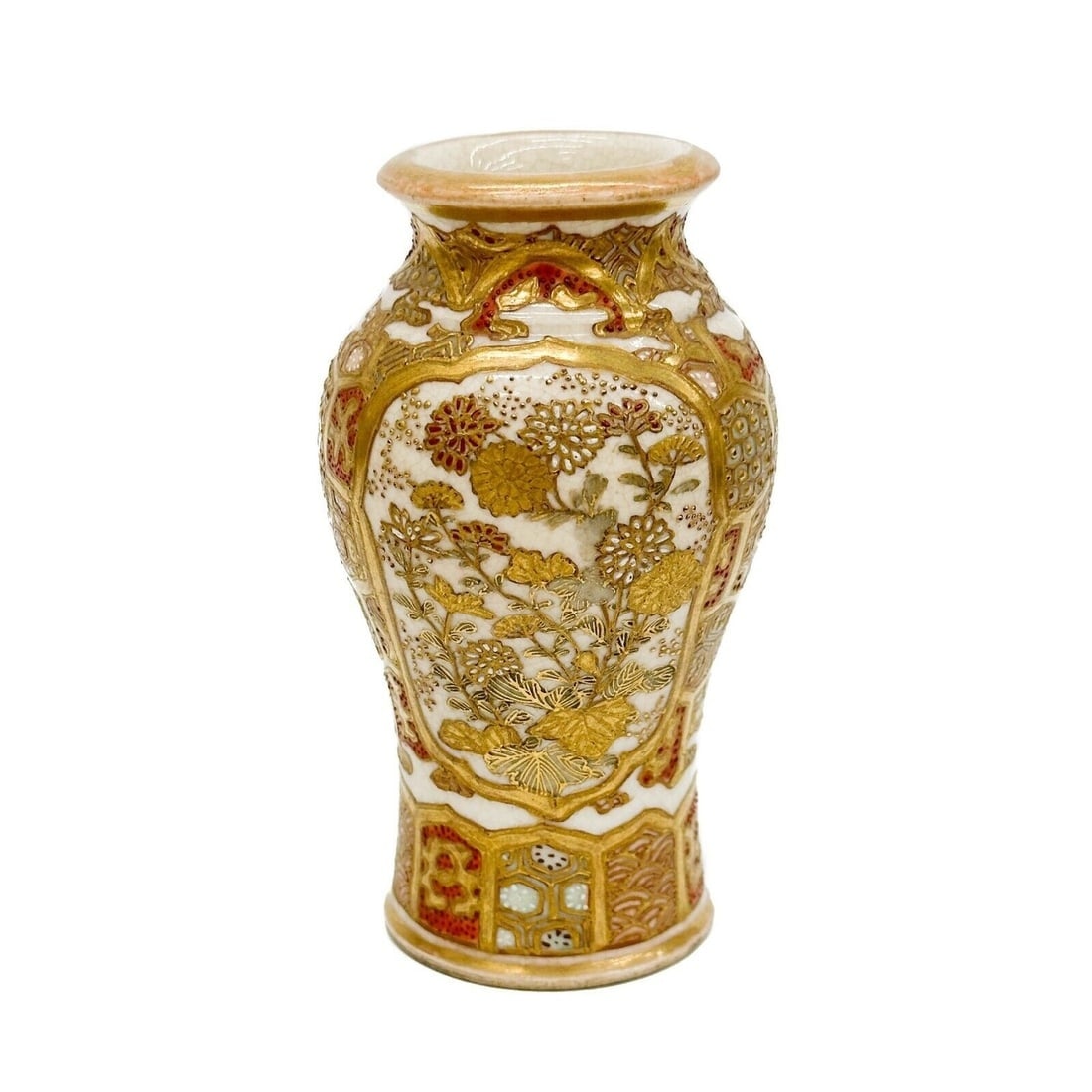 Japanese Satsuma Miniature Gilt Floral Porcelain Vase: Japanese Satsuma Miniature Gilt Porcelain Vase. Gilt floral decoration, enamel accents. Weight: Approx. .5 lb Measurements: Approx. 2 inches diameter x 3.5 inches tall Condition: nicks to foot, gilt l