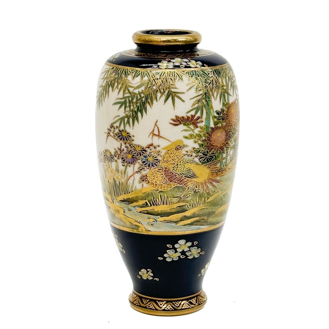 Koshida Japanese Satsuma Hand Painted Porcelain Vase Birds Meiji Period: Koshida Japanese Satsuma Hand Painted Porcelain Vase, Meiji period. A cobalt blue ground to the edge, hand painted scene with birds, gilt accents. Underside marked ?? Koshida. Weight: Approx. .5 lb Me